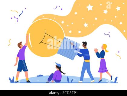 Creative idea light bulb concept vector illustration. Cartoon flat happy people team holding big lamp lightbulb, creating new success business solutions, teamwork to achieve goals isolated on white Stock Vector