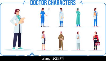 Caucasian doctor semi flat RGB color vector illustration set Stock Vector