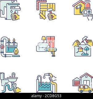 Home improvements RGB color icons set Stock Vector