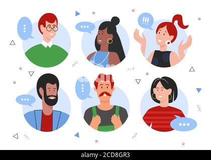 People speaking flat vector illustration set. Cartoon circle portrait of diverse happy characters speak and communicate in online conversation, man woman speaker avatar for messenger isolated on white
