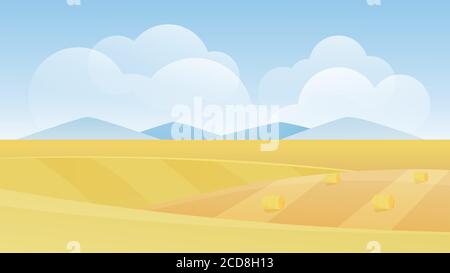 Autumn farm landscape vector illustration. Cartoon flat autumnal rural scenery with farmland yellow fields on hills and bales of hay, dry haystacks, nature scene, countryside agricultural background Stock Vector