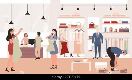 People shopping in clothing store vector illustration. Cartoon flat man woman customer characters standing and trying new fashion casual dress clothes in boutique or shop showroom interior background Stock Vector