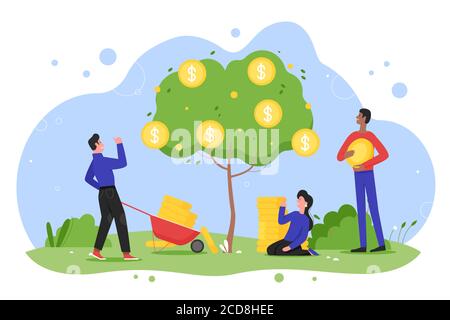 Money tree plant growth flat vector illustration. Cartoon happy entrepreneur people planting money tree with cash gold coins in garden, growing income, increase revenue concept isolated on white Stock Vector