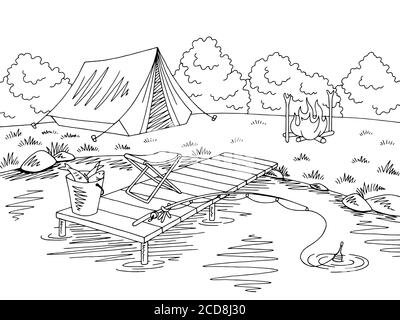 Fishing camping graphic black white landscape sketch illustration vector Stock Vector