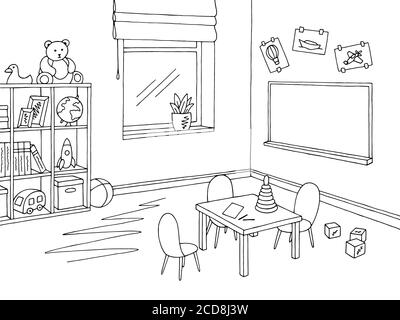 Preschool classroom graphic black white interior sketch illustration vector  Stock Vector Image & Art - Alamy