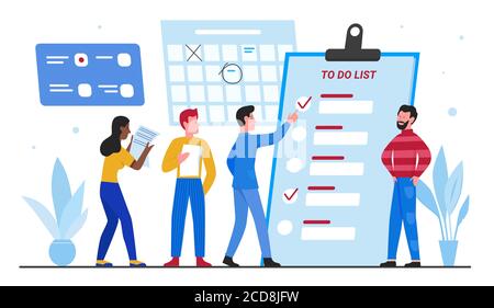 Business people planning flat vector illustration. Cartoon tiny businessman manager character team standing next to big to do list planner checklist, teamwork time management concept isolated on white Stock Vector