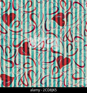 Vintage Background With Watercolor Red Hearts On Teal Turquoise Stripes 