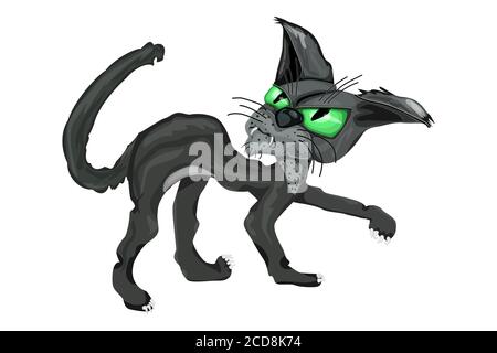 Black cat isolated on white background. Angry black cat with big green eyes. Scary Halloween black cat. Spooky animal. Stock vector illustration Stock Vector
