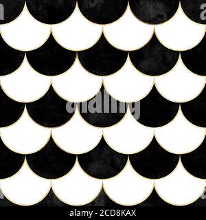 Mermaid fish scale wave japanese magic seamless pattern. Watercolor hand drawn black and white background with gold contour. Watercolour scale shaped Stock Photo