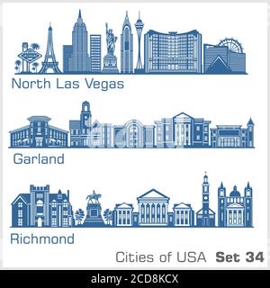 Cities of USA - North Las Vegas, Garland, Richmond. Detailed architecture. Trendy vector illustration. Stock Vector