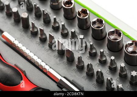 A set of replacement attachments, bits and screwdrivers, for repair. Stock Photo