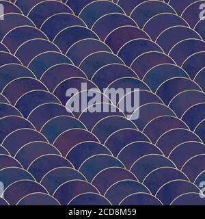 Abstract mermaid fish scale wave japanese seamless pattern. Watercolor hand drawn dark purple colorful background with gold contour. Watercolour scale Stock Photo