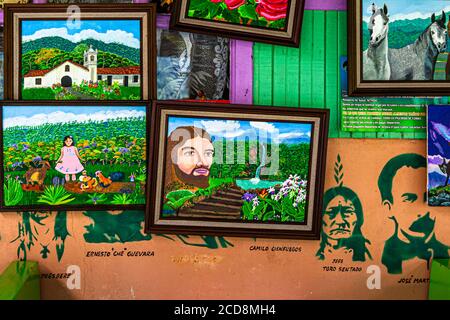 Naive paintings on the wall of a soda (restaurant) in the National Park of Tapanti near Orosi, Costa Rica Stock Photo