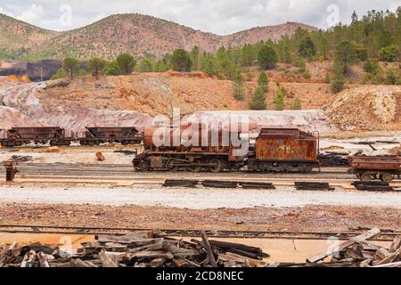 RIOTINTO, SPAIN - May 13, 2017: The Riotinto mines in Huelva. Mining park. The Riotinto mines in Huelva. Mining park Pyrite. Lunar landscape. Stock Photo