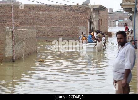 Hyderabad, Pakistan. 27th Aug, 2020. A view of Maher Ali colony which is affected by the flood and rescue operation is in process (Photo by Jan Ali Laghari/Pacific Press/Sipa USA) Credit: Sipa USA/Alamy Live News Stock Photo