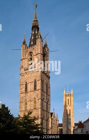 Belgium, East Flanders, Ghent, Belfry of Ghent inscribed on UNESCO World Heritage List and Saint Bavon Cathedral (St. Baafs Cathedral) Stock Photo