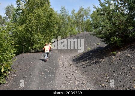 France, Nord, Raismes, pond at Goriaux, terril 171, two hikers Stock Photo