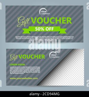 Set of two vector luxury modern gift voucher card template with rectangle and ribbon in green color Stock Vector