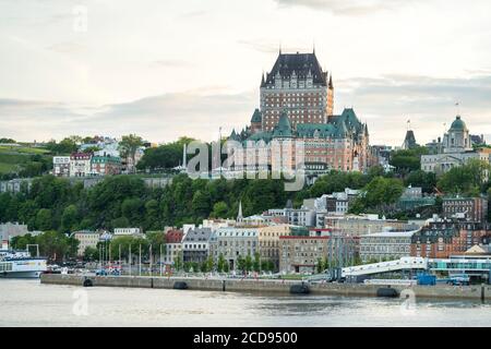 Canada, Quebec, Quebec City, the city and the Chateau de Frontenac at sunset from the docks Stock Photo