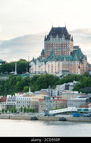 Canada, Quebec, Quebec City, the city and the Chateau de Frontenac at sunset from the docks Stock Photo