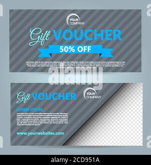 Set of two vector luxury modern gift voucher card template with rectangle and ribbon in blue color Stock Vector