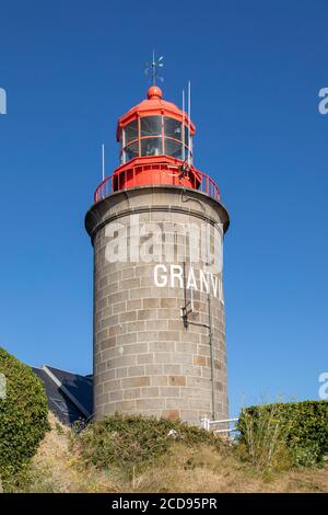 France, Manche, Cotentin, Granville, fortified town built on a rocky headland on the far eastern point of the Mont Saint Michel Bay, Granville lighthouse or Cap Lihoulighthouse at pointe du Roc Stock Photo