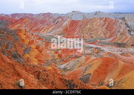 Colourful badlands in the Zhangye National Geopark / Zhangye Danxia Geopark in the northern foothills of the Qilian Mountains, Gansu Province, China