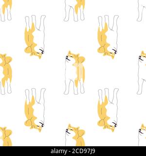 Repeat seamless pattern with flat style cute shiba inu dogs on white background. Stock vector Stock Vector