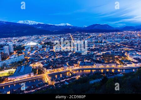 France, Is?re , Grenoble, panorama from the Bastille fort, view of the Saint-Andre collegiate church and the Belledonne chain Stock Photo