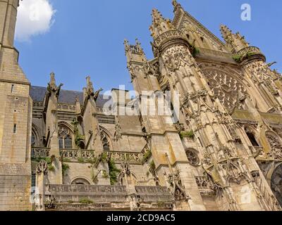 Detail of the front facade of the ornate gothic Cathedral of Senlis, Picardy, France
