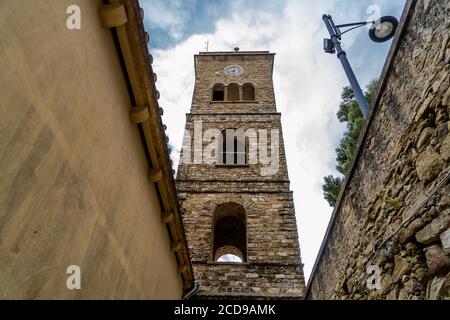 The Bell tower of Romanesque Pontifical Basilica of Santa Maria de Gulia, in Castellabate. Castellabate is a Small medieval Town in a Southern coast of Campania, Italy. Stock Photo