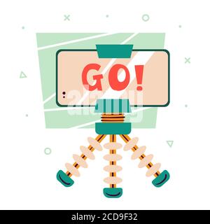 Go. Little cute green tripod and moile phone with video on the screen. Blogger attribute. Technologies. Elements. Flat colourful vector illustration, Stock Vector