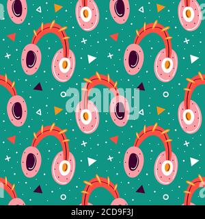 Headphones on green background with triangles. Blogger items. Making video in studio. Media content production. Podcast, stream, channel, music. Flat Stock Vector