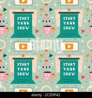 Blogging, vlogging set. Filming items. Chroma key, tripod, lightning, smartphone, cup of coffee. Flat colourful vector seamless pattern, texture, back Stock Vector