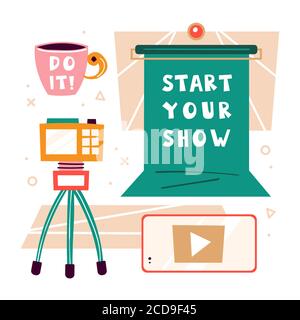 Do it set. Blogger items. Green screen, chroma key, camera, cup of coffee. Making video in studio. Media content production. Podcast, stream, channel. Stock Vector