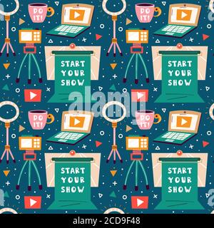 Blogging, vlogging set. Filming items. Laptop, camera, tripod, lightning, cup of coffee, chroma key. Flat colourful vector seamless pattern, texture, Stock Vector