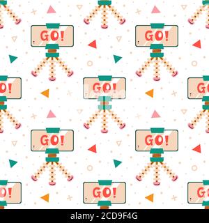 Smartphone with tripod on white background. Blogger items. Making video in studio. Media content production. Podcast, stream, vlog, channel, music. Fl Stock Vector
