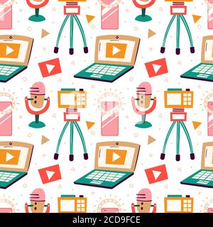 Blogging, vlogging set. Filming items. Laptop, camera, tripod, microphone, lightning, smartphone. Flat colourful vector seamless pattern, texture, bac Stock Vector