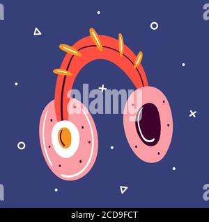 Little cute red headphone. Technology, earphone, hands-free, accessory to listen music. Blogger attribute. Flat colourful vector illustration, art iso Stock Vector