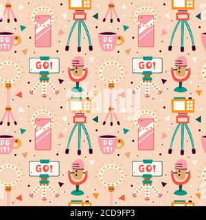 Blogging, vlogging set. Filming items. Camera, smartphone, tripod, lightning, selfie, stream, cup. Flat colourful vector seamless pattern, texture, ba Stock Vector