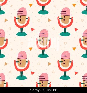 Blogging, vlogging set. Filming items. Microphone, sound recording. Communication, online. Flat colourful vector seamless pattern, texture, background Stock Vector