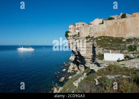 France, Corse du Sud, Bonifacio, the upper town located in the citadel is built on limestone cliffs overlooking the sea where is anchored the sailboat 4 mats of the Mediterranean club in the foreground chapel Saint Roch Stock Photo