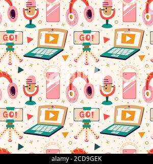 Blogging, vlogging set. Filming items. Laptop, headphones, tripod, lightning, selfie, stream. Flat colourful vector seamless pattern, texture, backgro Stock Vector