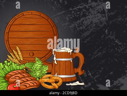 Poster template of Oktoberfest beer party. Vector illustration with beer barrel, wooden mug, grilled sausages, pretzel, hops on a black grunge background. Pub, restaurant and bar design Stock Vector