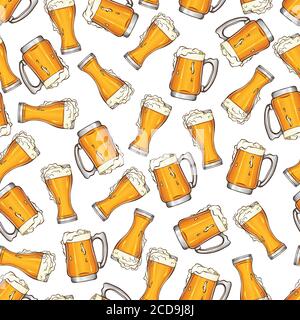 Oktoberfest beer festival template. Vector illustration with glasses with beer. Seamless pattern isolated on white background. Pub, restauran and bar design Stock Vector