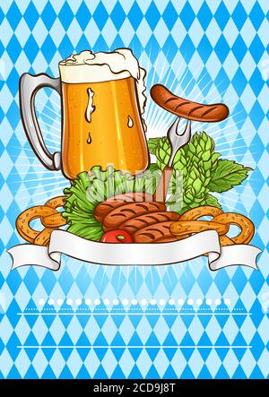 Oktoberfest beer festival template. Vector illustration with a glass of beer, grilled sausages, pretzels and hops. On the background of two-colored rhombuses. Pub, restaurant and bar design Stock Vector