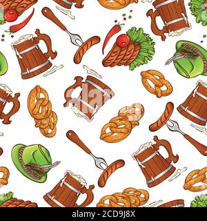 Oktoberfest beer festival template. Vector illustration with traditional festival elements beer, sausages, pretzels, hat, hops.Seamless pattern isolated on white background. Pub,restaurant,bar design Stock Vector