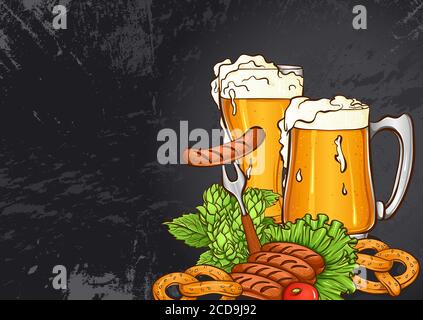 Poster template of Oktoberfest beer party. Vector illustration with glass of beer, grilled sausages, pretzels and hops on a black grunge background. Pub, restaurant and bar design Stock Vector