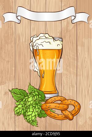 Oktoberfest beer festival template.Vector illustration with a glass of beer, pretzels, hops and ribbon for text on a wooden background.On the background of two-colored rhombuses. Pub,restaurant design Stock Vector