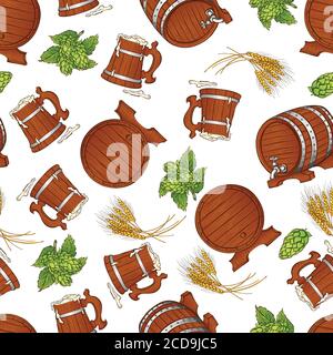 Oktoberfest beer festival template. Vector illustration with beer barrel, wooden mug, hops and rye stakes. Seamless pattern isolated on white background. Pub, restaurant and bar design Stock Vector